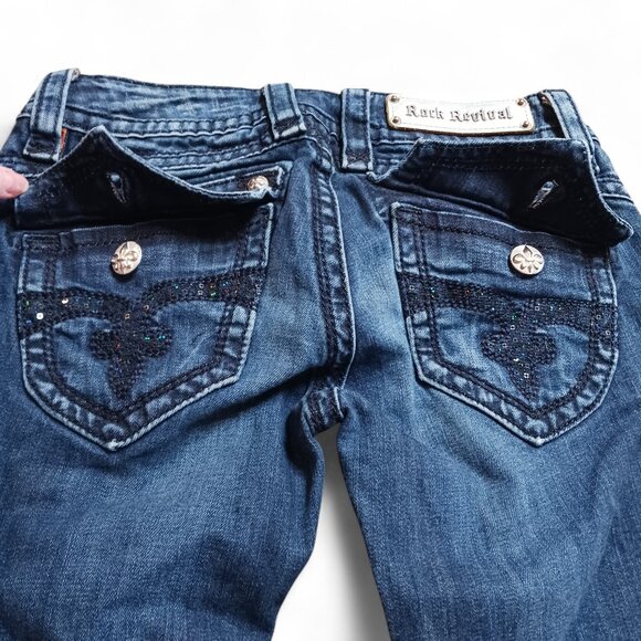 Rock Revival Heather Boot Cut Jeans Size 27 Y2K Sequin Back Pockets Fleur-de-Lis - Picture 9 of 16